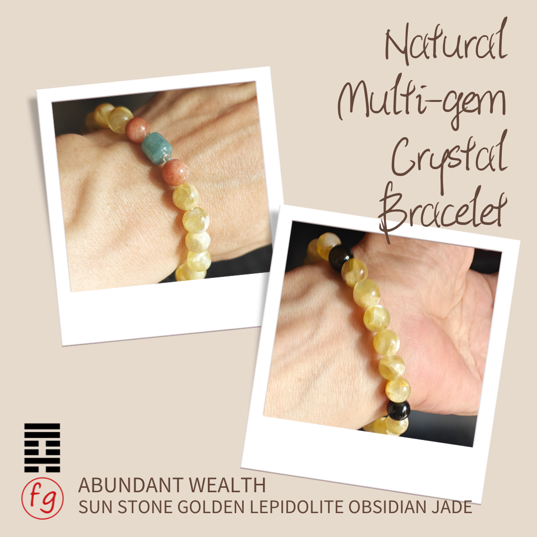 Abundant Wealth Sun Stone Jade Golden Lepidolite Obsidian Crystal Bracelet