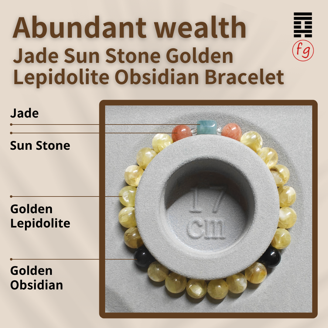 Abundant Wealth Sun Stone Jade Golden Lepidolite Obsidian Crystal Bracelet | Master Feng Ip