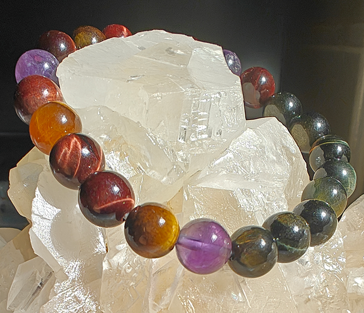 Earthly Fortune Tiger’s Eye Golden Obsidian Amethyst Crystal Bracelet