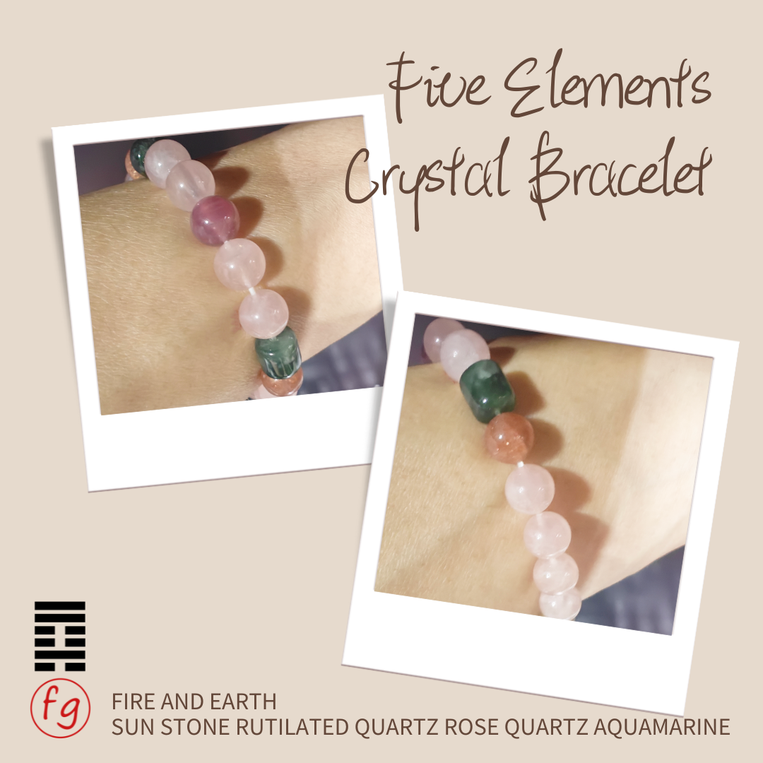 Fire and Earth Sun Stone Rutilated Quartz Rose Quartz Aquamarine Crystal Bracelet