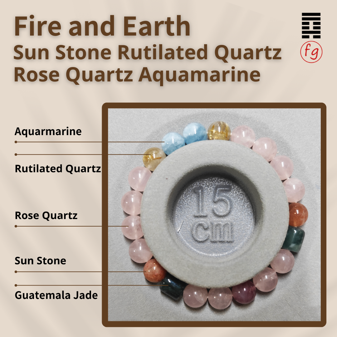 Fire and Earth Sun Stone Rutilated Quartz Rose Quartz Aquamarine Crystal Bracelet | Master Feng Ip
