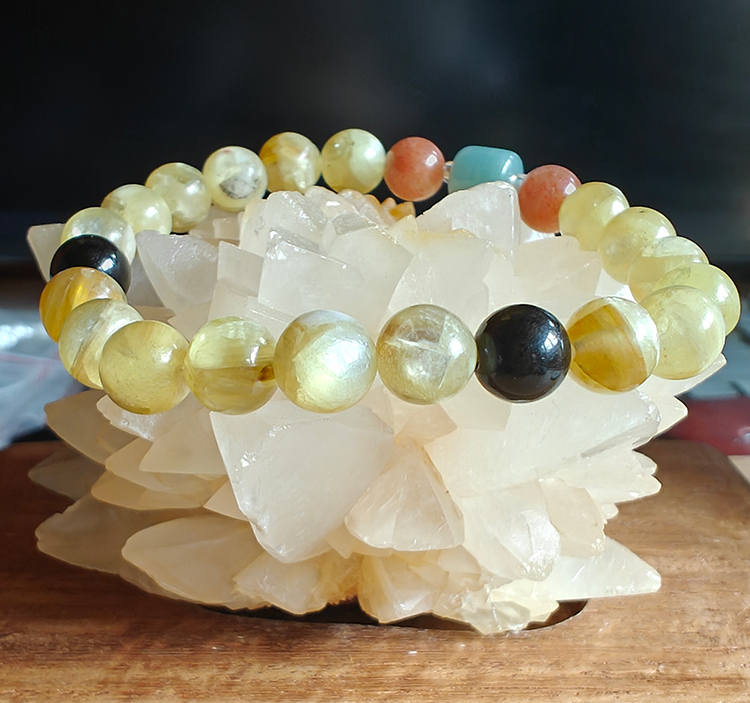 Abundant Wealth Sun Stone Jade Golden Lepidolite Obsidian Crystal Bracelet