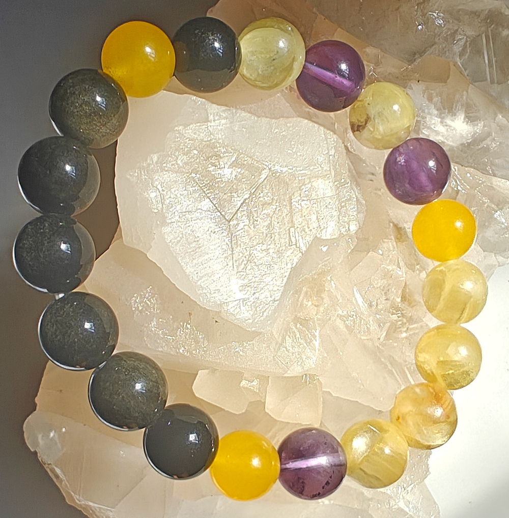 金榜題名黃瑪瑙金鋰雲母金曜石紫水晶手串