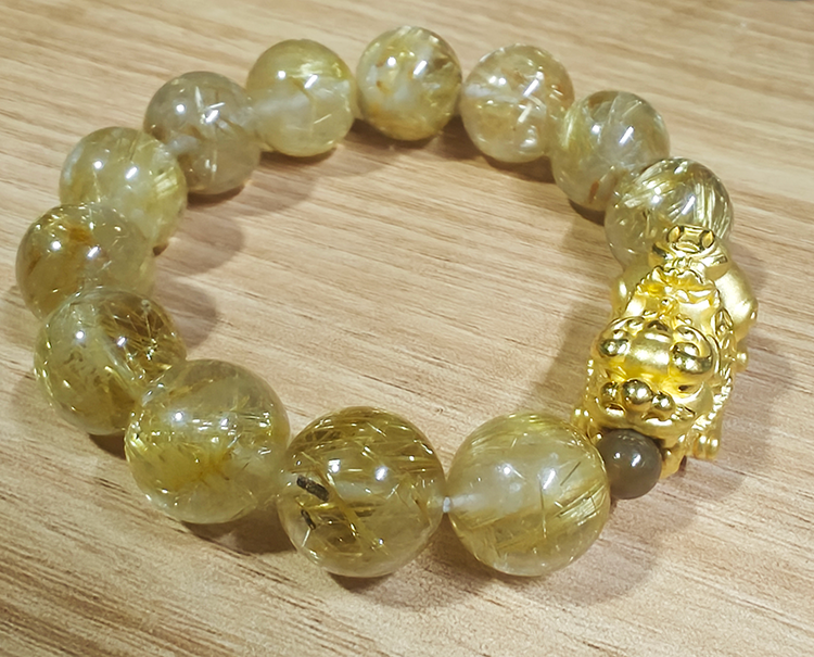 Pure Gold Pixiu Hetian Jade Golden Rutilated Quartz Crystal Bracelet