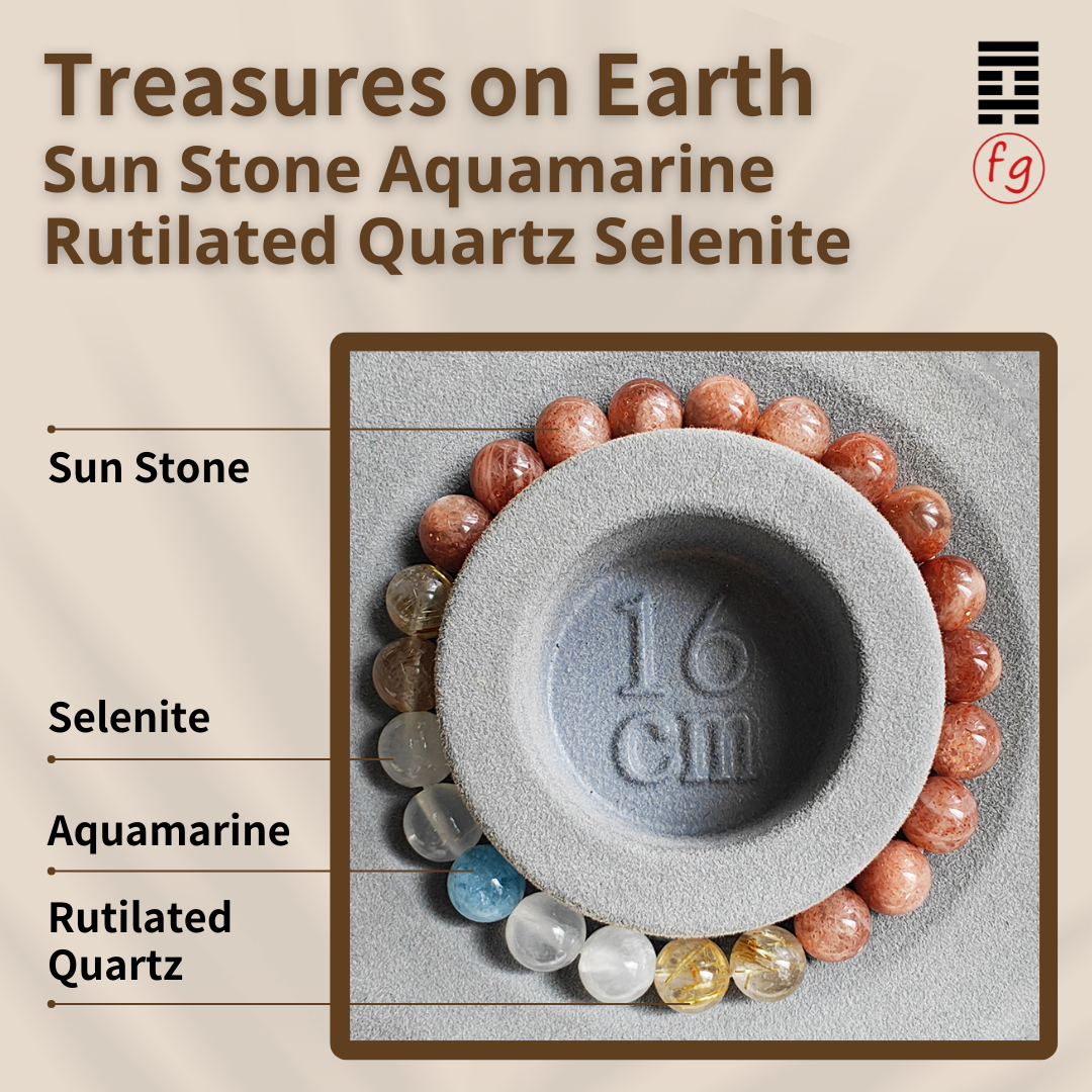 Treasures on Earth Sun Stone Aquamarine Rutilated Quartz Selenite Feng Shui Crystal Bracelet | Master Feng Ip