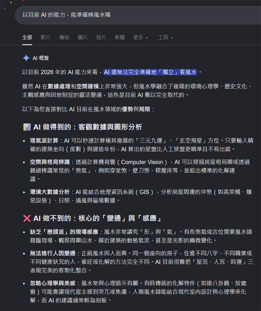 AI 還無法完全準確地「獨立」看風水