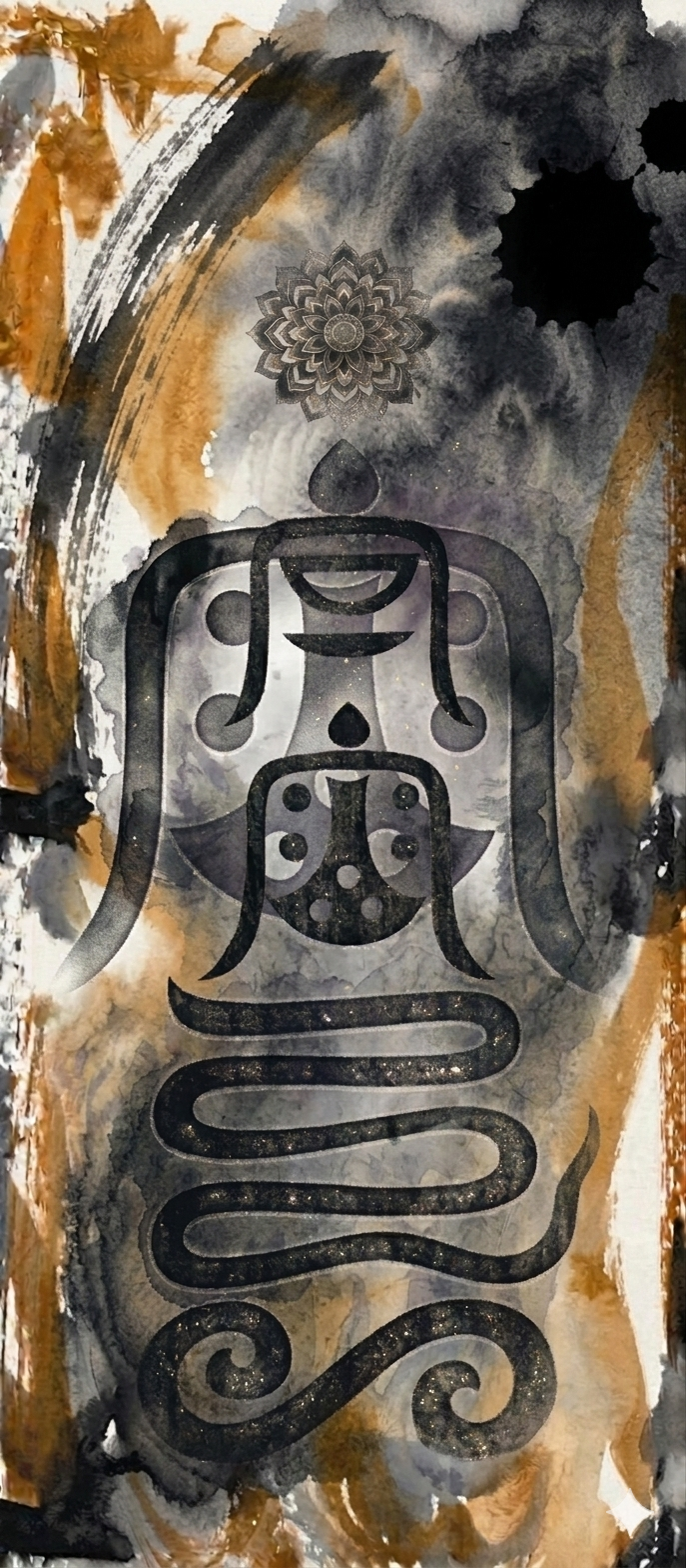 A vertical digital painting featuring three stylized black Taoist talisman symbols merged into a background of abstract charcoal and burnt orange watercolor brushstrokes. A dark mandala sits at the top.