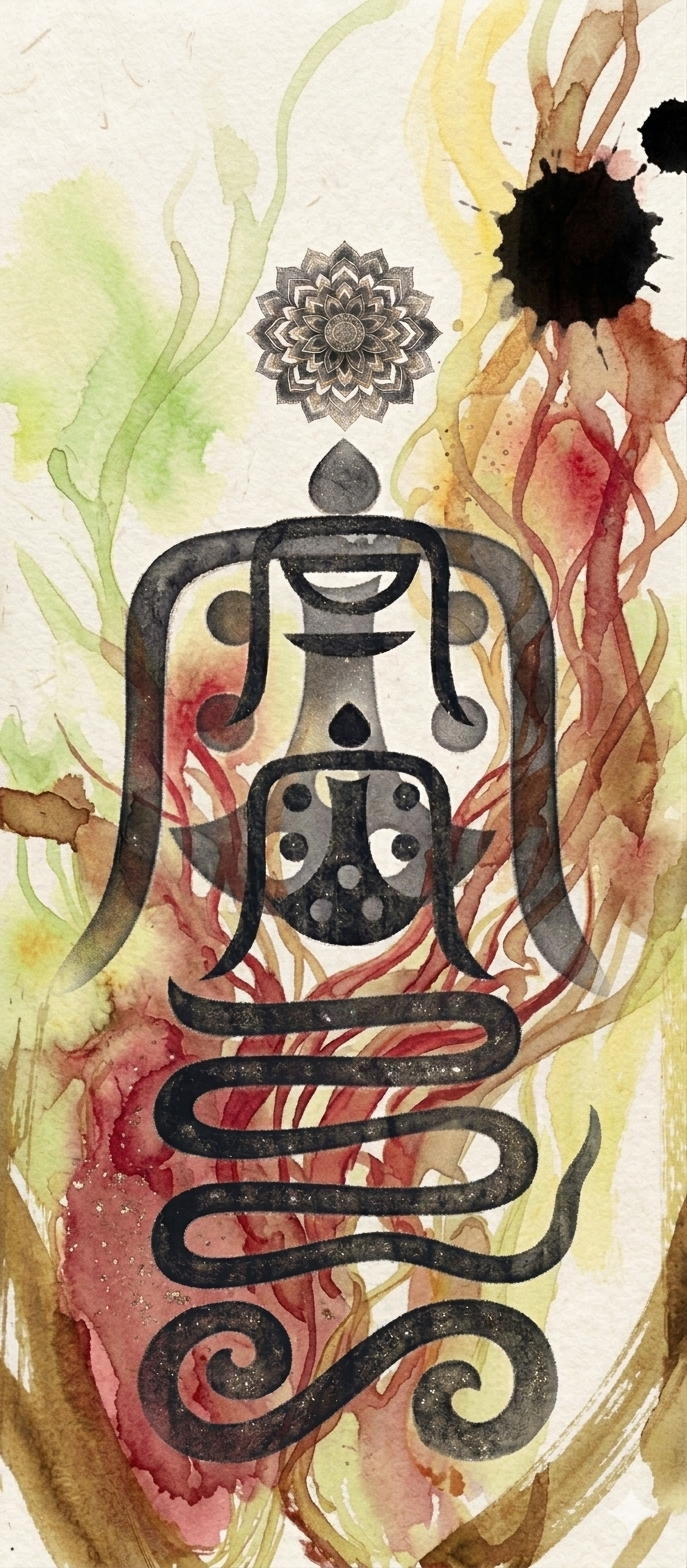 A vertical digital painting featuring three stylized black Taoist talisman symbols overlaid upon fluid watercolor brushstrokes in shades of light green, deep red, pale yellow, and earthy brown.