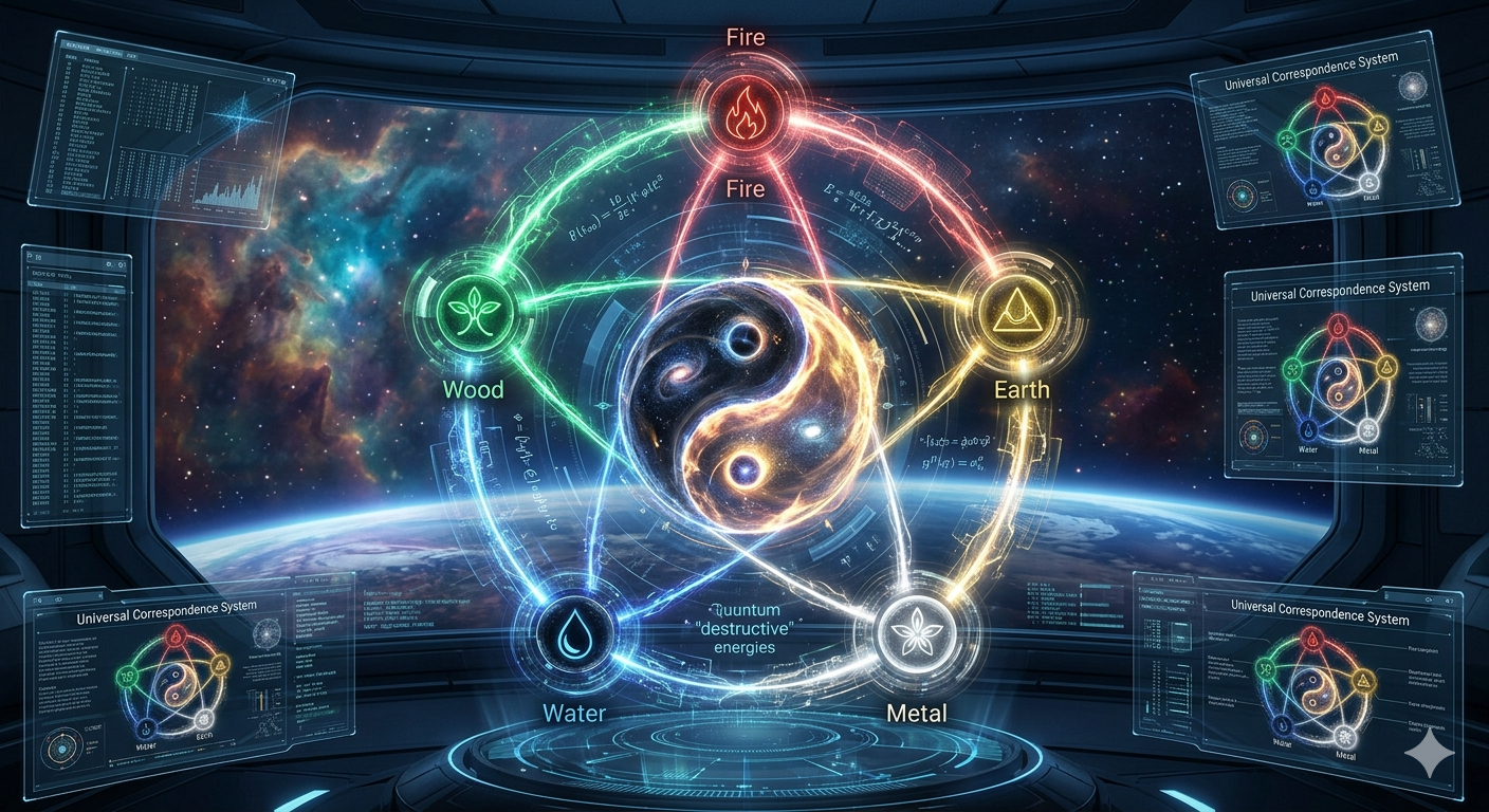 Five Elements cycle showing Wood, Fire, Earth, Metal, and Water