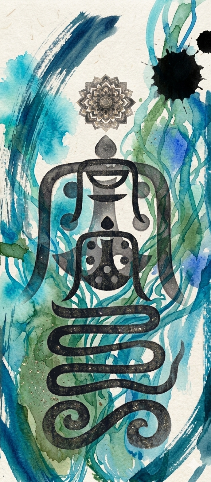 A vertical digital artwork featuring three black Taoist talisman symbols aligned vertically in the center. The symbols have a soft, ink-bleed effect and are merged into a vibrant watercolor background dominated by flowing brushstrokes of deep cerulean blue and emerald green.